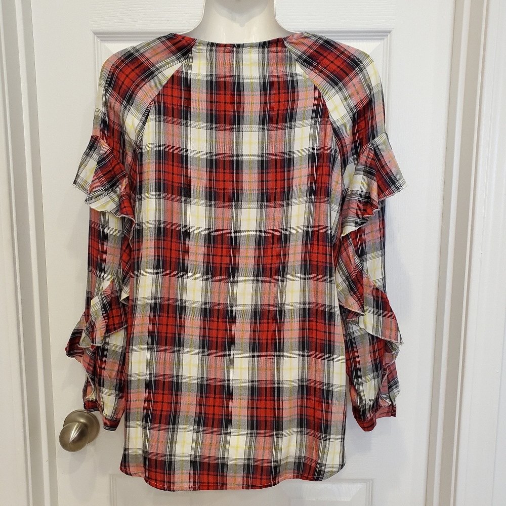 Splendid Plaid Button Front Ruffle Sleeve Top - Picture 4 of 14